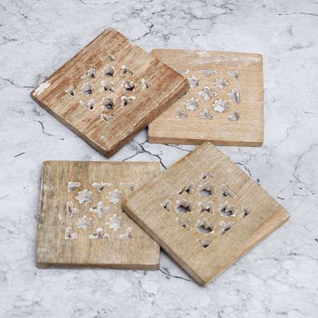 Modern Jali Engraved Wooden Coasters - Pack of 4